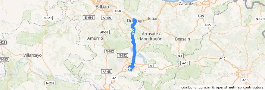 Mapa del recorrido A18 Universidad → Vitoria-Gasteiz → Boulevard → Durango de la línea  en Euskadi.