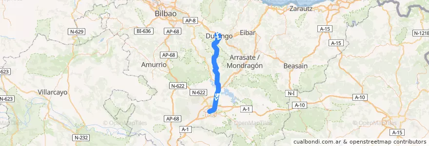 Mapa del recorrido A18 Durango → Urbina → Vitoria-Gasteiz de la línea  en Euskadi.