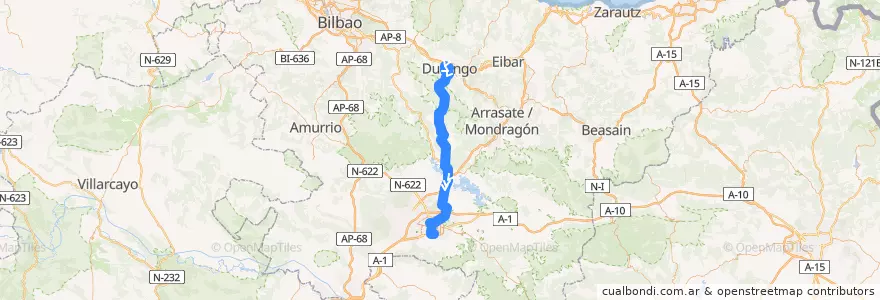 Mapa del recorrido A18 Durango → Goiain → Urbina → Durana → Vitoria-Gasteiz → Universidad de la línea  en Baskenland.