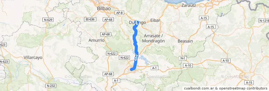 Mapa del recorrido A18 Durango → Goiain → Vitoria-Gasteiz de la línea  en إقليم الباسك.