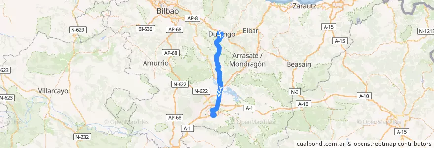 Mapa del recorrido A18 Durango → Goiain → Vitoria-Gasteiz → Universidad de la línea  en Negara basque.