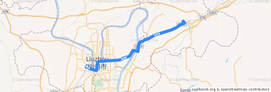 Mapa del recorrido 快1号线(东行) de la línea  en Liuzhou.