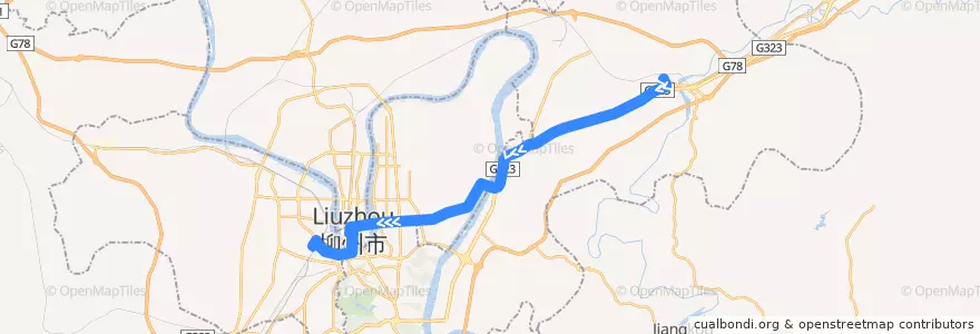 Mapa del recorrido 快1号线(西行) de la línea  en 류저우시.