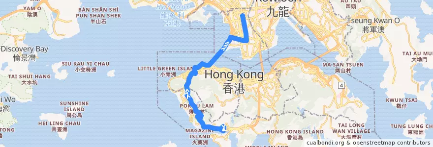 Mapa del recorrido 過海隧巴970X線 Cross-harbour Bus 970X (香港仔 Aberdeen → 旺角 Mong Kok) de la línea  en Новые Территории.