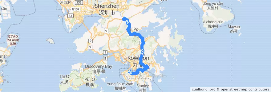Mapa del recorrido 過海隧巴673線 Cross-harbour Bus 673 (中環（香港站） Central (Hong Kong Station) → 上水 Sheung Shui) de la línea  en Nuevos Territorios.