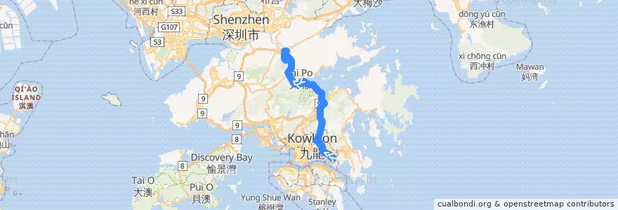 Mapa del recorrido 九巴277X線 KMB 277X (藍田站 Lam Tin Station → 聯和墟 Luen Wo Hui) de la línea  en Новые Территории.