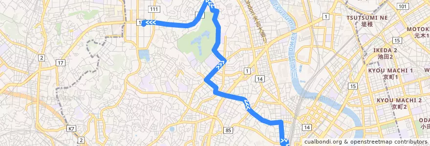 Mapa del recorrido 鶴07 鶴見駅西口→駒岡車庫 de la línea  en 鶴見区.