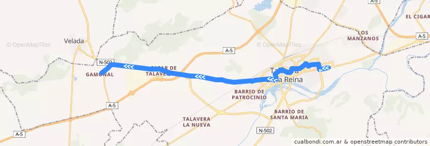 Mapa del recorrido Línea 5: Gamonal → C.C. Los Alfares (Sábados, Domingos y Festivos) de la línea  en Talavera.