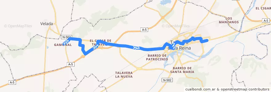 Mapa del recorrido Línea 5: Gamonal → C.C. Los Alfares (Laborables por Polígono Torrehierro) de la línea  en Talavera.