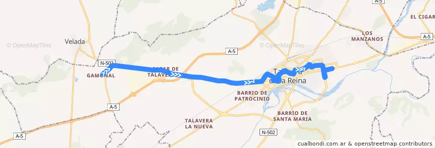 Mapa del recorrido Línea 5: Gamonal → C.C. Los Alfares (Laborables por I.E.S. Juan de Mariana) de la línea  en Talavera.