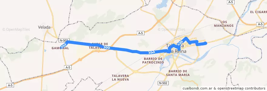 Mapa del recorrido Línea 5: C.C. Los Alfares → Gamonal (Sábados, Domingos y Festivos) de la línea  en Talavera.