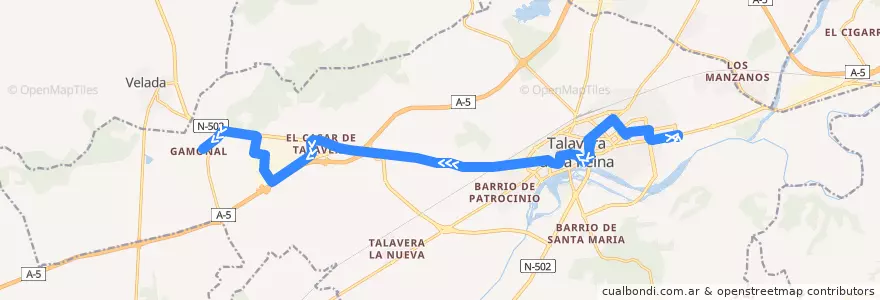 Mapa del recorrido Línea 5: C.C. Los Alfares → Gamonal (Laborables por Polígono Torrehierro) de la línea  en Talavera.