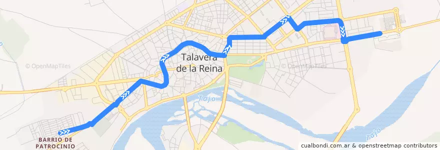 Mapa del recorrido Línea 1: Patrocinio → C.C. Los Alfares (Sábados, Domingos y Festivos) de la línea  en Talavera.