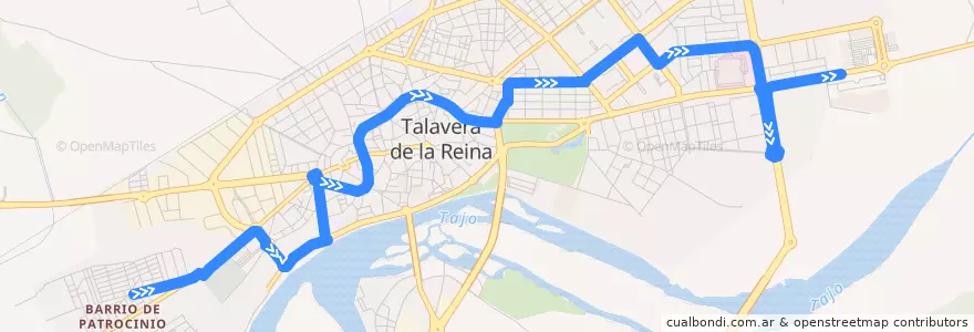 Mapa del recorrido Línea 1: Patrocinio → C.C. Los Alfares (Laborables por I.E.S. Padre Juan de Mariana) de la línea  en Talavera.