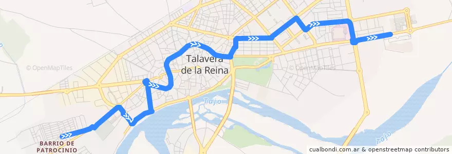 Mapa del recorrido Línea 1: Patrocinio → C.C. Los Alfares (Laborables) de la línea  en Talavera.
