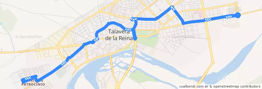 Mapa del recorrido Línea 1: C.C. Los Alfares → Patrocinio (Sábados, Domingos y Festivos por Residencia Patrocinio) de la línea  en Talavera.
