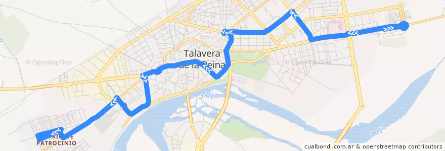 Mapa del recorrido Línea 1: C.C. Los Alfares → Patrocinio (Laborables por Residencia Patrocinio) de la línea  en Talavera.