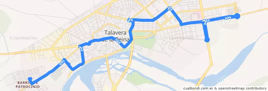 Mapa del recorrido Línea 1: C.C. Los Alfares → Patrocinio (Laborables por I.E.S. Juan de Mariana) de la línea  en Talavera.