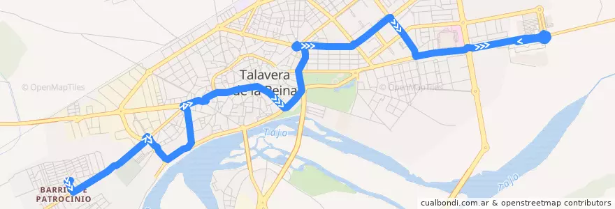 Mapa del recorrido Línea 1: C.C. Los Alfares → Patrocinio (Laborables) de la línea  en Talavera.