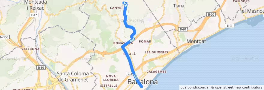 Mapa del recorrido M6 BADALONA (HOSPITAL CAN RUTI - ESTACIÓ RODALIES) de la línea  en Badalona.
