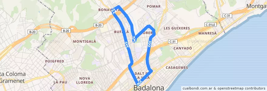 Mapa del recorrido B8 BADALONA (BONAVISTA-MORERA-BUFALÀ-BONAVISTA) de la línea  en Badalona.