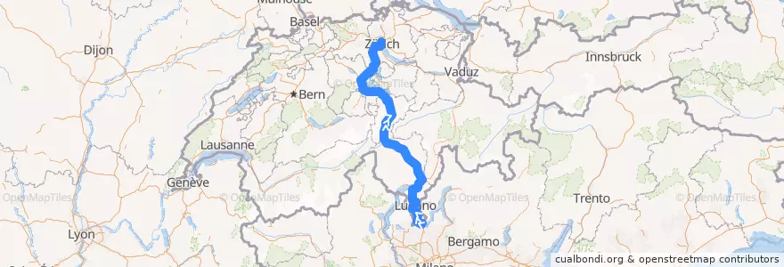 Mapa del recorrido Flixbus 401: Venedig, Tronchetto => Zürich HB, Carpark Sihlquai de la línea  en Schweiz/Suisse/Svizzera/Svizra.