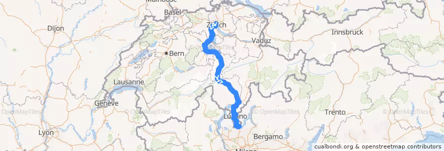 Mapa del recorrido Flixbus 401: Zürich HB, Carpark Sihlquai => Venedig, Tronchetto de la línea  en Zwitserland.