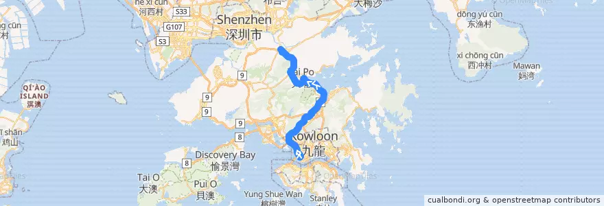 Mapa del recorrido 九巴W3線 KMB Route W3 (西九龍站 West Kowloon Station → 上水 Sheung Shui) de la línea  en Novos Territórios.