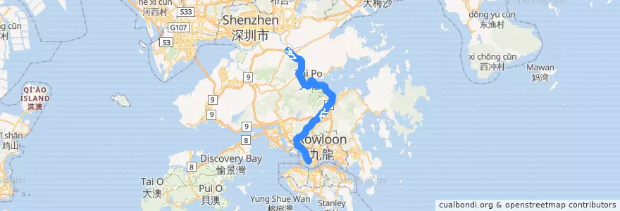 Mapa del recorrido 九巴W3線 KMB Route W3 (上水 Sheung Shui → 西九龍站 West Kowloon Station) de la línea  en Новые Территории.