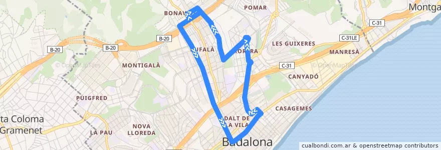 Mapa del recorrido B9 BADALONA (BONAVISTA-BUFALÀ-MORERA-BONAVISTA) de la línea  en Badalona.