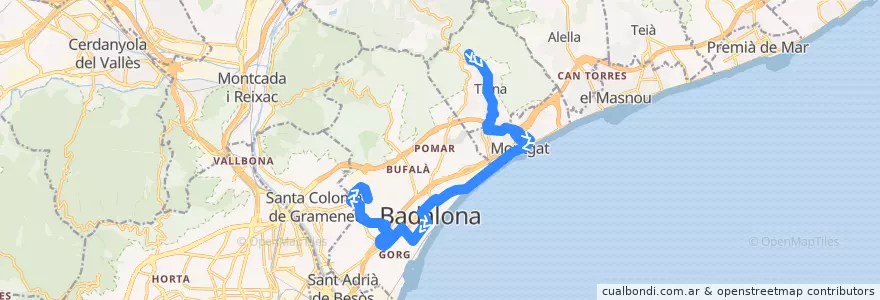 Mapa del recorrido B29 Tiana Poliesportiu - Badalona Montigalà de la línea  en Barcelona.