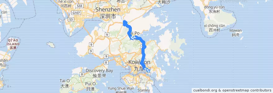 Mapa del recorrido 九巴277E線 KMB 277E (藍田站 Lam Tin Station → 天平 Tin Ping) de la línea  en Wilayah Baru.