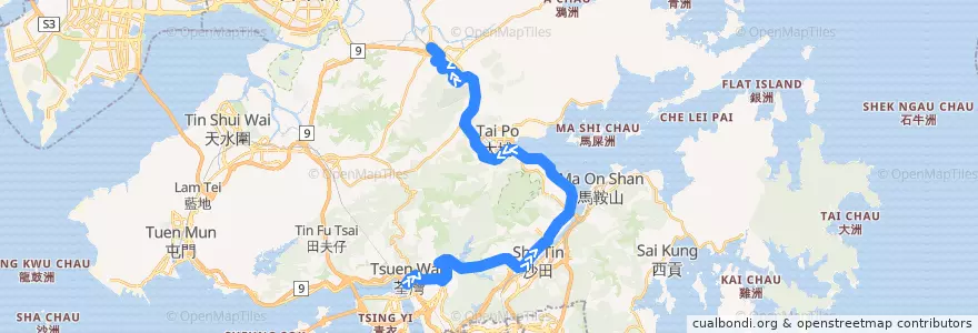 Mapa del recorrido 九巴278X線 KMB 278X (荃灣（如心廣場） Tsuen Wan (Nina Tower) → 上水 Sheung Shui) de la línea  en Nuovi Territori.