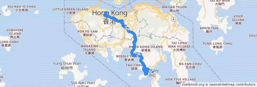 Mapa del recorrido 城巴6號線 Citybus 6 (赤柱 Stanley → 中環 Central (經馬坑及舂坎角 via Ma Hang & Chung Hom Kok)) de la línea  en Ilha de Hong Kong.