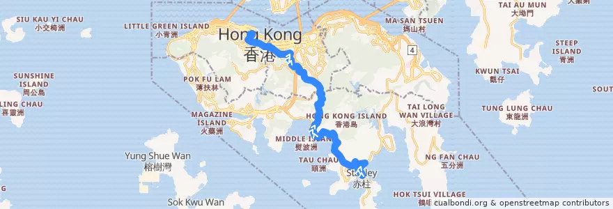Mapa del recorrido 城巴6號線 Citybus 6 (赤柱 Stanley → 中環 Central (不經馬坑 omit Ma Hang)) de la línea  en جزیره هنگ کنگ.