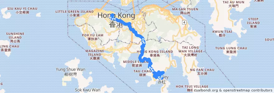 Mapa del recorrido 城巴6號線 Citybus 6 (赤柱 Stanley → 中環 Central (經馬坑 via Ma Hang)) de la línea  en Hong Kong.
