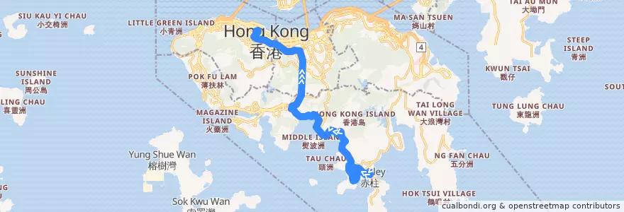Mapa del recorrido 城巴6X線 Citybus 6X (赤柱 Stanley → 中環 Central) de la línea  en Hong Kong Island.