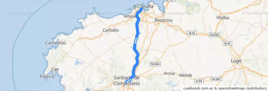 Mapa del recorrido LAV A Coruña - Santiago de Compostela de la línea  en A Corunha.
