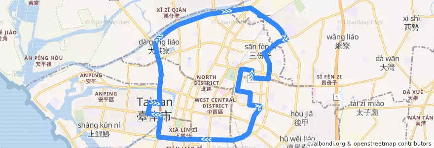Mapa del recorrido 70右路(正線) de la línea  en Тайнань.