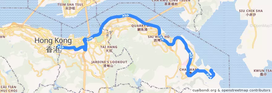 Mapa del recorrido 城巴789線 Citybus 789 (金鐘（樂禮街） Admiralty (Rodney Street) → 小西灣（藍灣半島） Siu Sai Wan (Island Resort)) de la línea  en Pulau Hong Kong.