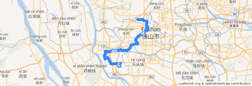 Mapa del recorrido 134路(南庄杏头-火车站江边村) de la línea  en 禅城区 (Chancheng).
