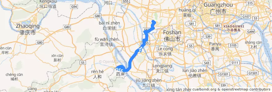 Mapa del recorrido 500路(高明客运站-佛山西站) de la línea  en 佛山市.