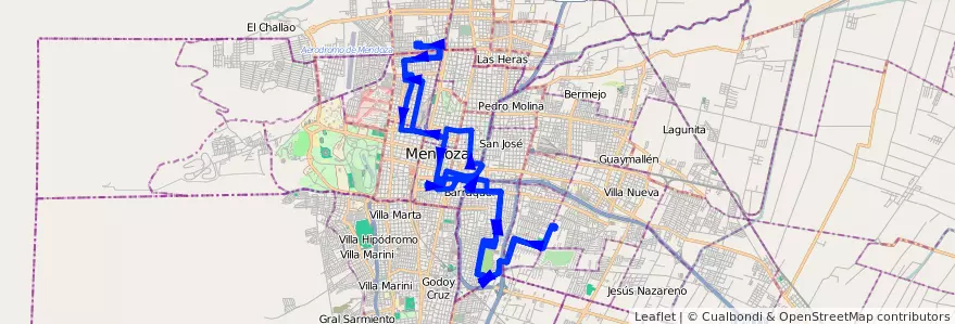 Mapa del recorrido 93/95 - Barrio Viajantes- Barrio Cementista- Casa de Gobierno  de la línea G07 en Мендоса.