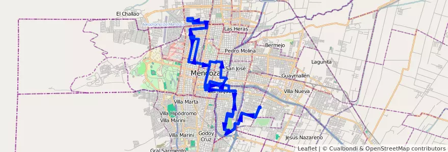 Mapa del recorrido 93/95 - Barrio Viajantes / Barrio Cementista / Casa de Gobierno / Esc. Manzotti  de la línea G07 en Mendoza.