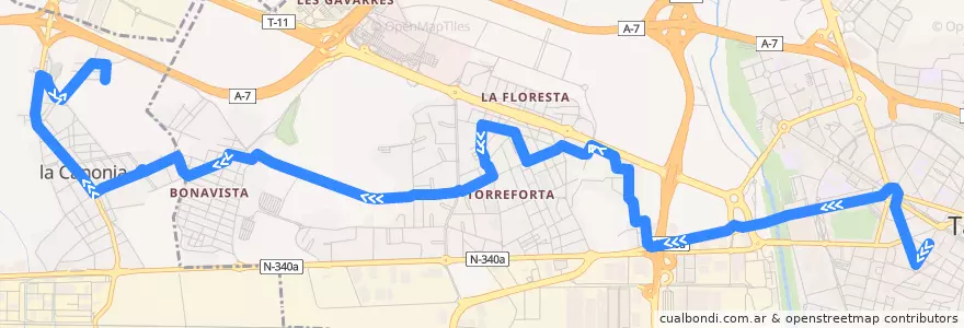 Mapa del recorrido L3 Tarragona - Torreforta - La Canonja de la línea  en Tarragonès.