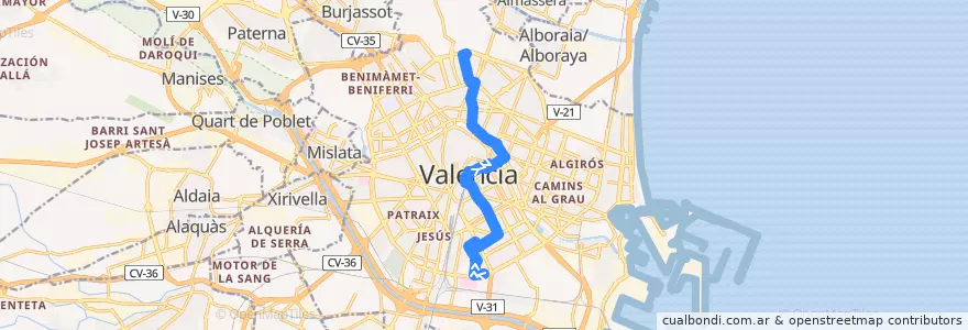 Mapa del recorrido Bus 6: Nou Hospital la Fe => Torrefiel de la línea  en Comarca de València.
