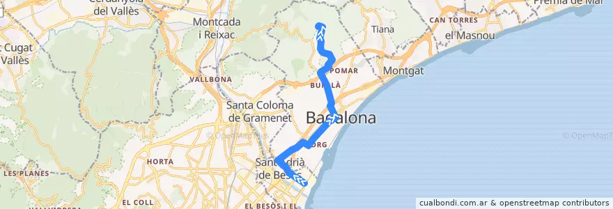 Mapa del recorrido M26 SANT ADRIÀ DE B. (ESTACIÓ RODALIES) - BADALONA HOSPITAL CAN RUTI de la línea  en Badalona.