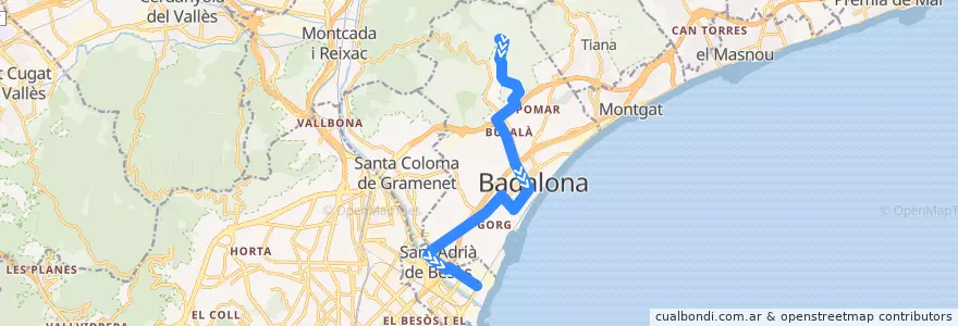 Mapa del recorrido M26 BADALONA HOSPITAL CAN RUTI - SANT ADRIÀ DE B. (ESTACIÓ RODALIES) de la línea  en Барселонес.