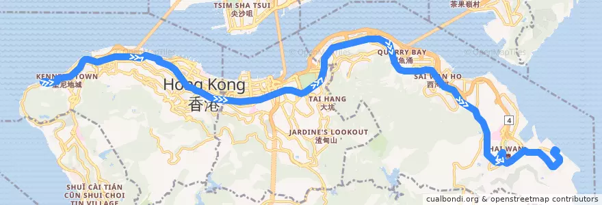 Mapa del recorrido 城巴N8X線 Citybus N8X (堅尼地城 Kennedy Town → 小西灣（藍灣半島） Siu Sai Wan (Island Resort)) de la línea  en Isla de Hong Kong.