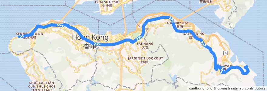 Mapa del recorrido 城巴N8X線 Citybus N8X (小西灣（藍灣半島） Siu Sai Wan (Island Resort) → 堅尼地城 Kennedy Town) de la línea  en 香港島 Hong Kong Island.